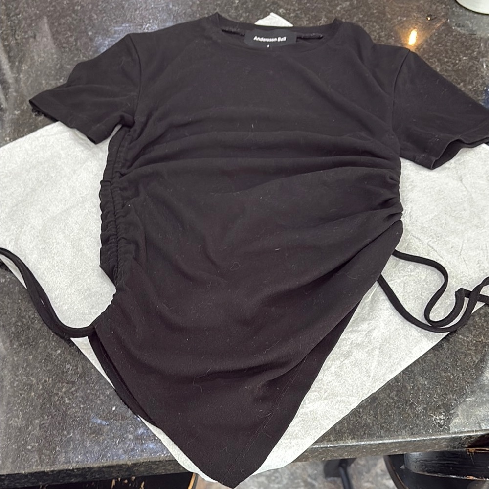Andersson Bell Cindy black short sleeve ruched tee with drawstrings
